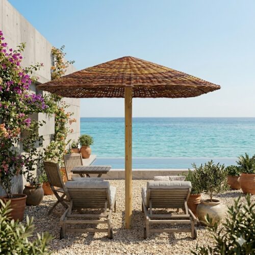 Umbrelă de soare pătrată de 2 x 2m, împletită din nuiele de răchită natur.