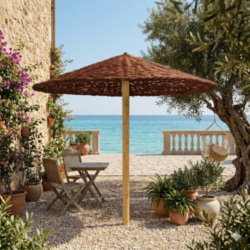 Umbrelă de soare rotundă 200cm diametru, împletită din nuiele de răchită natur. Materiale naturale pentru confort natural.